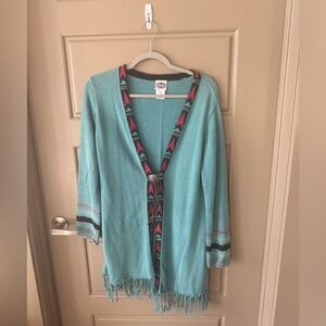 Chic Turquoise Cardigan with Fringe